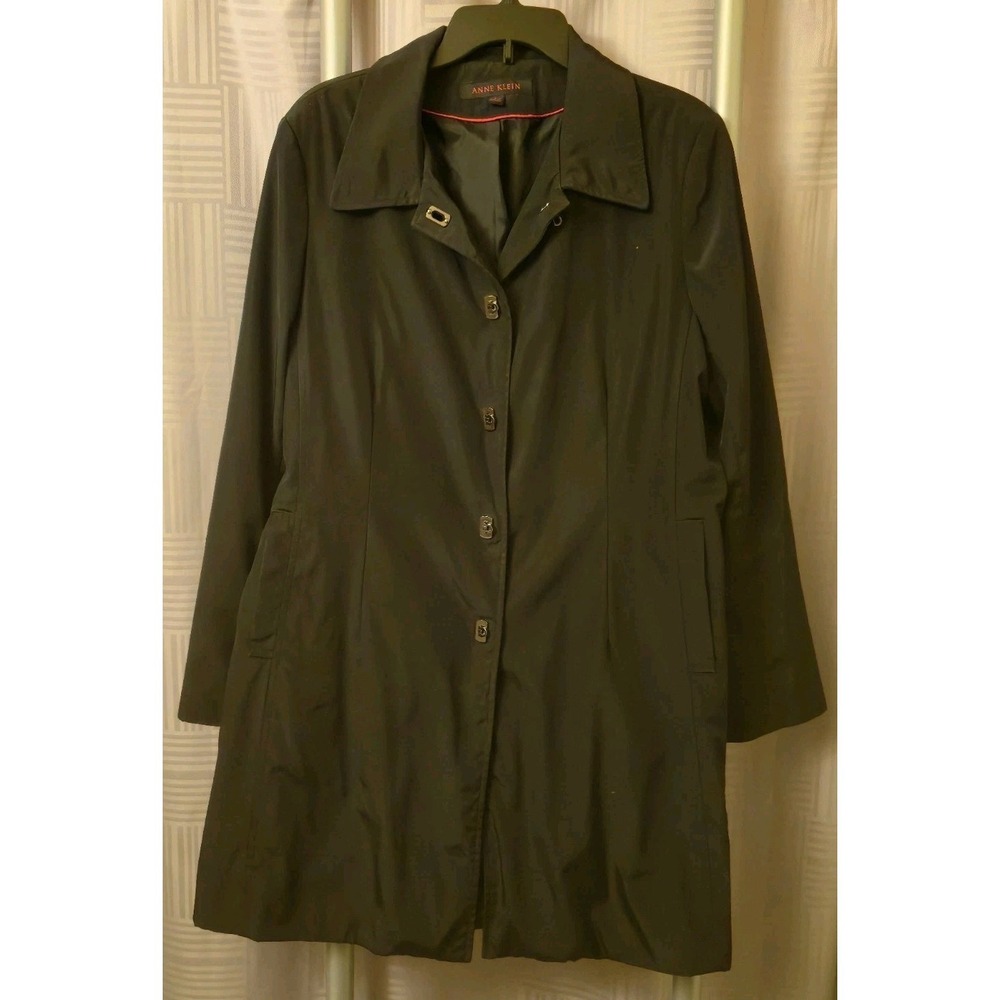 Anne Klein Black Mud Length Raincoat Trench Coat Large Lined Pockets Stylish‎